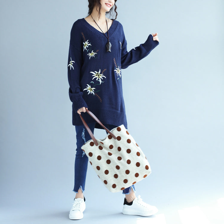 秋 ファッション ブルー 刺繍 ニットワンピース オーバーサイズ ミディロング プルオーバー
